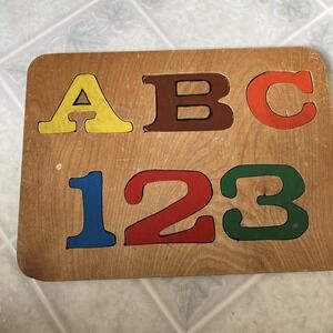 VINTAGE MID CENTURY A B C - 1 2 3 WOODEN PUZZLE Waldorf Montessori 6 Piece